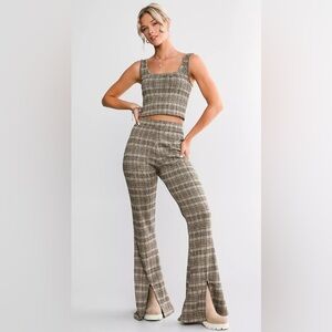 Willow & Root Plaid Matching Set - Cropped Tank Top & Split Flare Pant